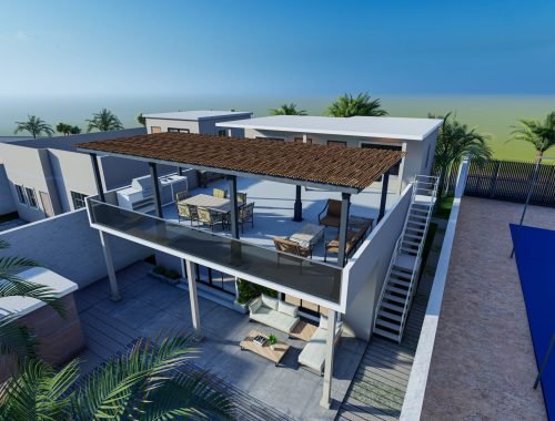 Elegant Two-Story Modern Duplex with Minimalist Architecture, Thatched Vernacular Roof, Glass Railings, Spacious Outdoor Patio, and Contemporary Stone-Paved Terrace